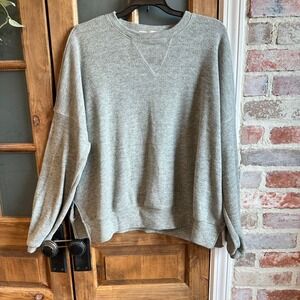 Three Bird Nest Ribbed Pullover Women Small Gray Balloon Sleeve Sweatshirt FLAW